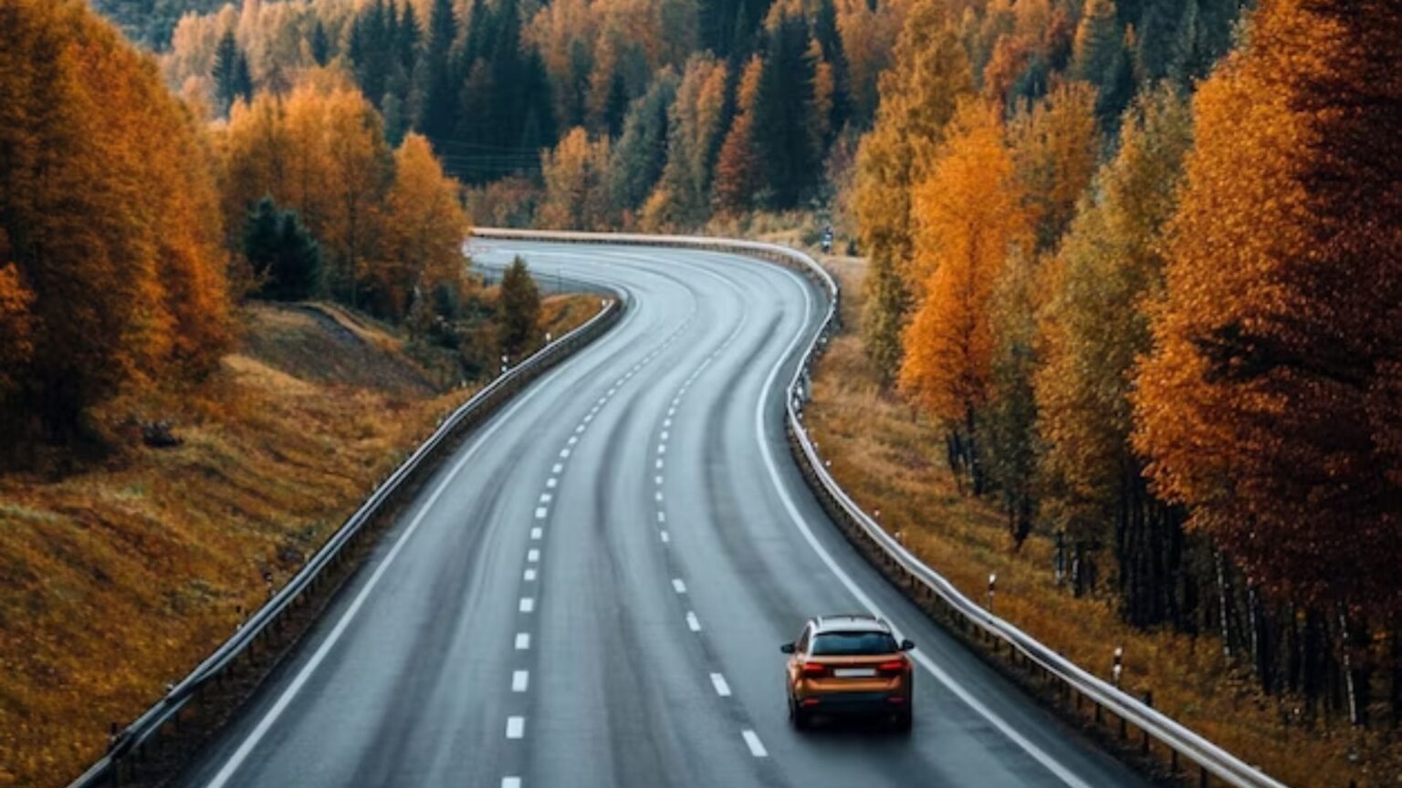 Car Driving Down Winding Toad Surrounded by Fall-Colored Trees