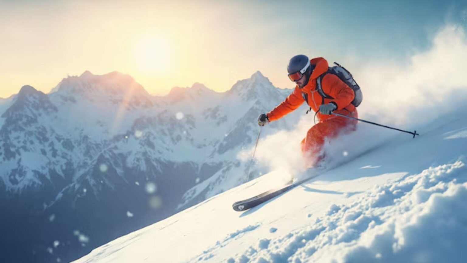 Skiier going down a snowy mountain