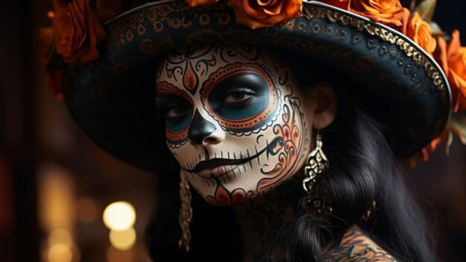 Woman in Die de los Muertos Costume adn Makeup