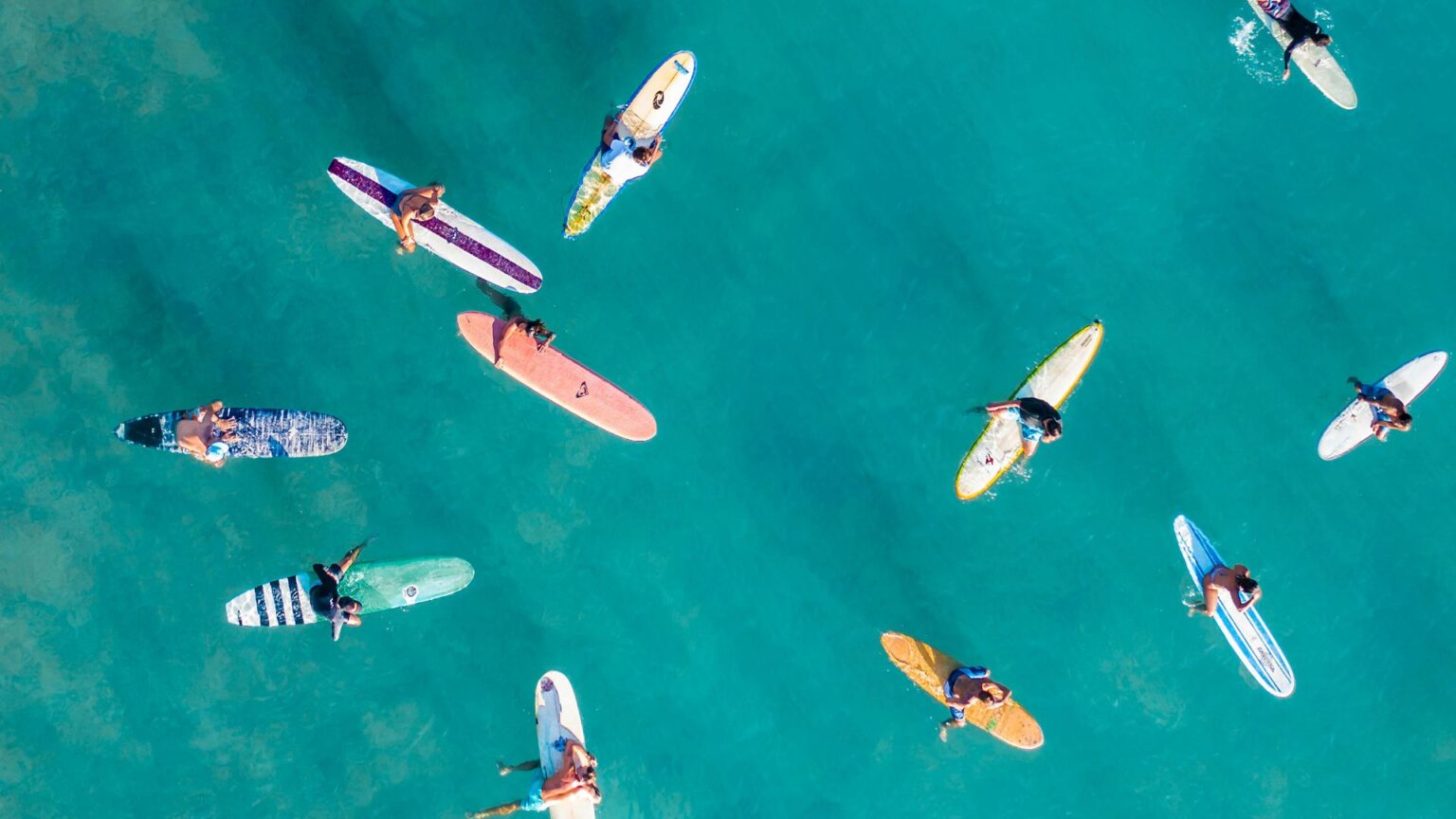 Birds eye view of surfers on their boards in the ocean