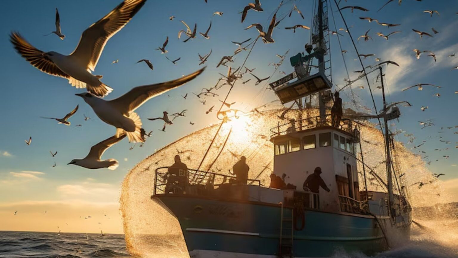 Deep sea fishing boat surrounded by birds