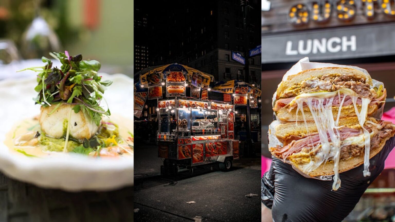 Split image of different food items and a food truck